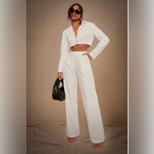 Cropped Button-Front Jacket & Wide-Leg Pants Set - White